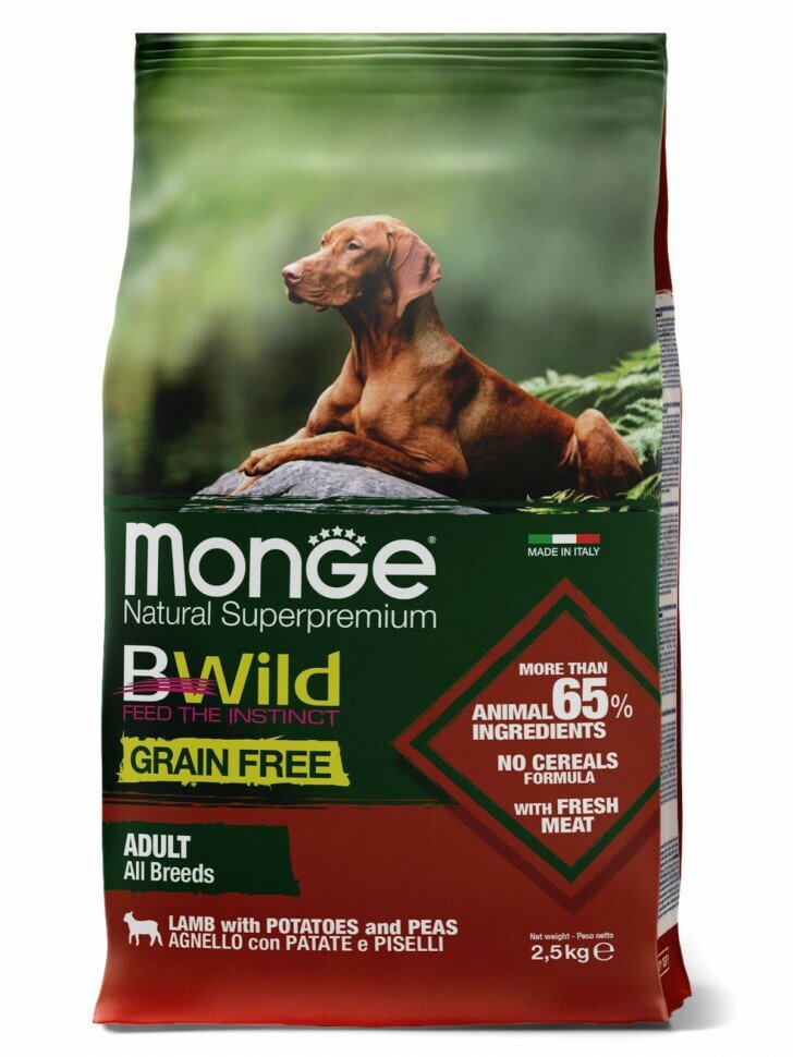 Monge Dog BWild Grain Free сухой беззерновой корм для взрослых собак всех пород с мясом ягненка, картофелем и горохом 2,5 кг