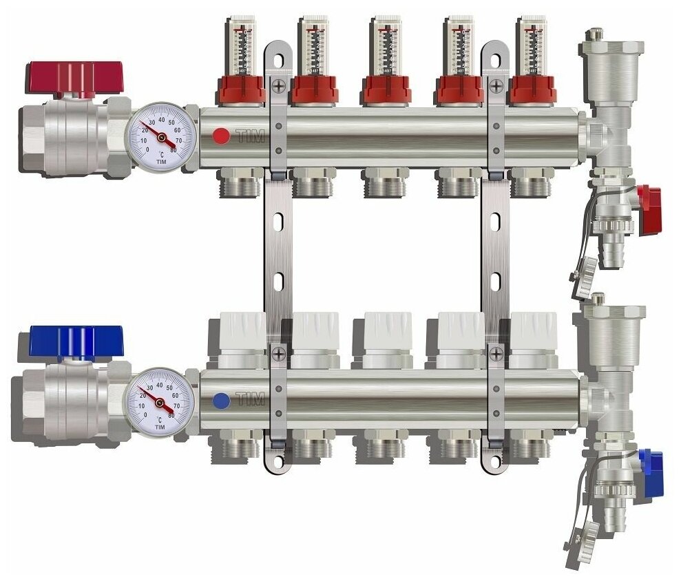 Коллекторная группа TIM KA005 1" ВР-ВР 5 отводов 3/4" расходомер воздухоотводчик сливной кран торцевой кран термометр для теплого пола