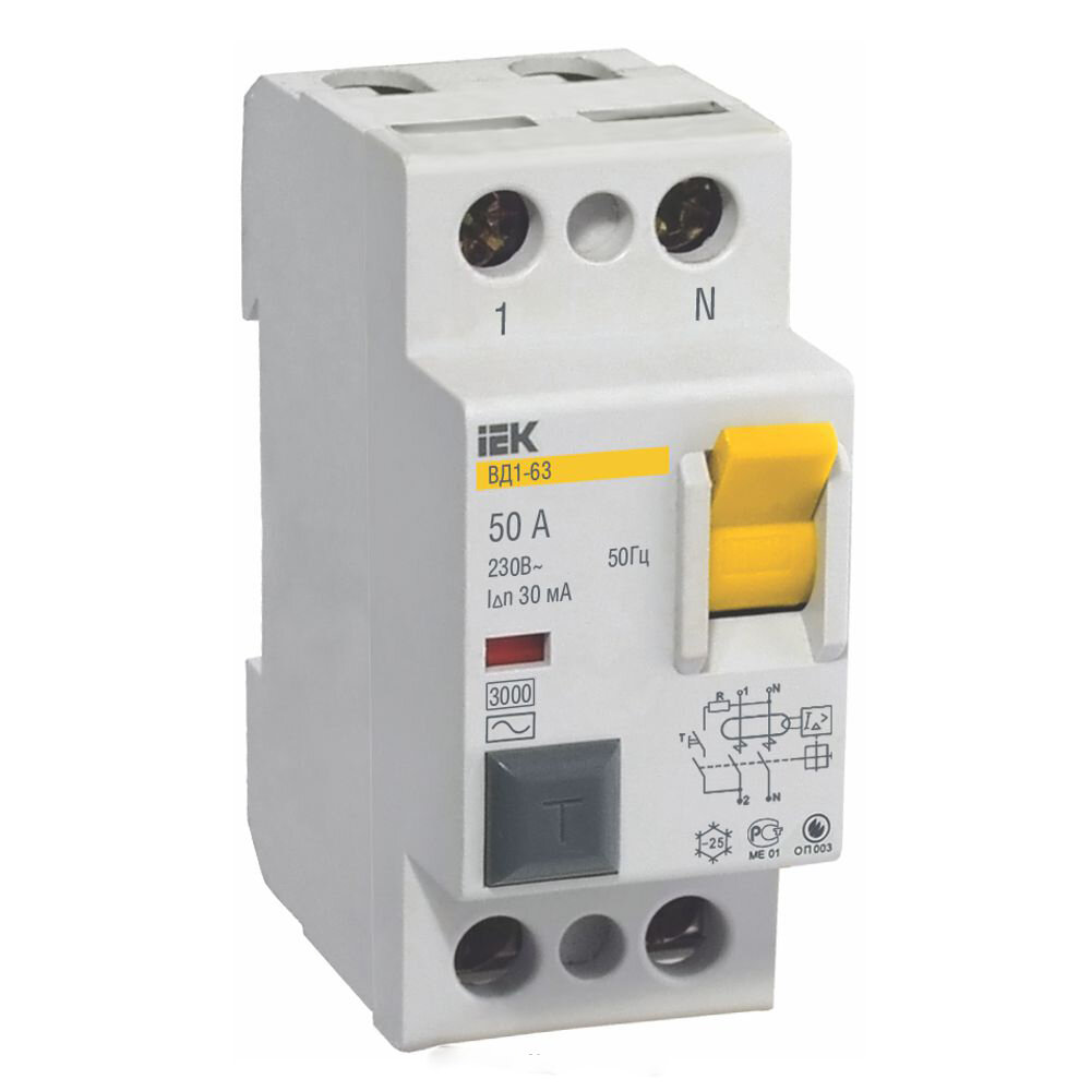 Выключатель дифференц. ИЭК ВД1-63 (УЗО) 2P 16А/30мА IEK