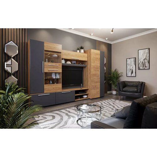 Гостиная Сафари от МК Стиль - Дуб Крафт золотой / Графит Софт, МебельТИ