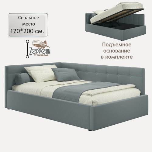 Изображение товара Кровать-тахта угловая Bonna 120х200 серая подъемная, мягкая спинка из велюра, с ортопедическими ламелями, с ящиком для хранения