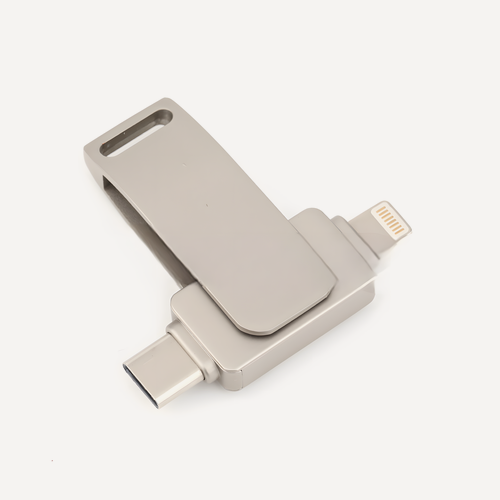 Изображение товара USB флеш накопитель, USB Type-C + Lightning с переходником на USB 3.0 Type-A, 256 GB, серебристый цвет