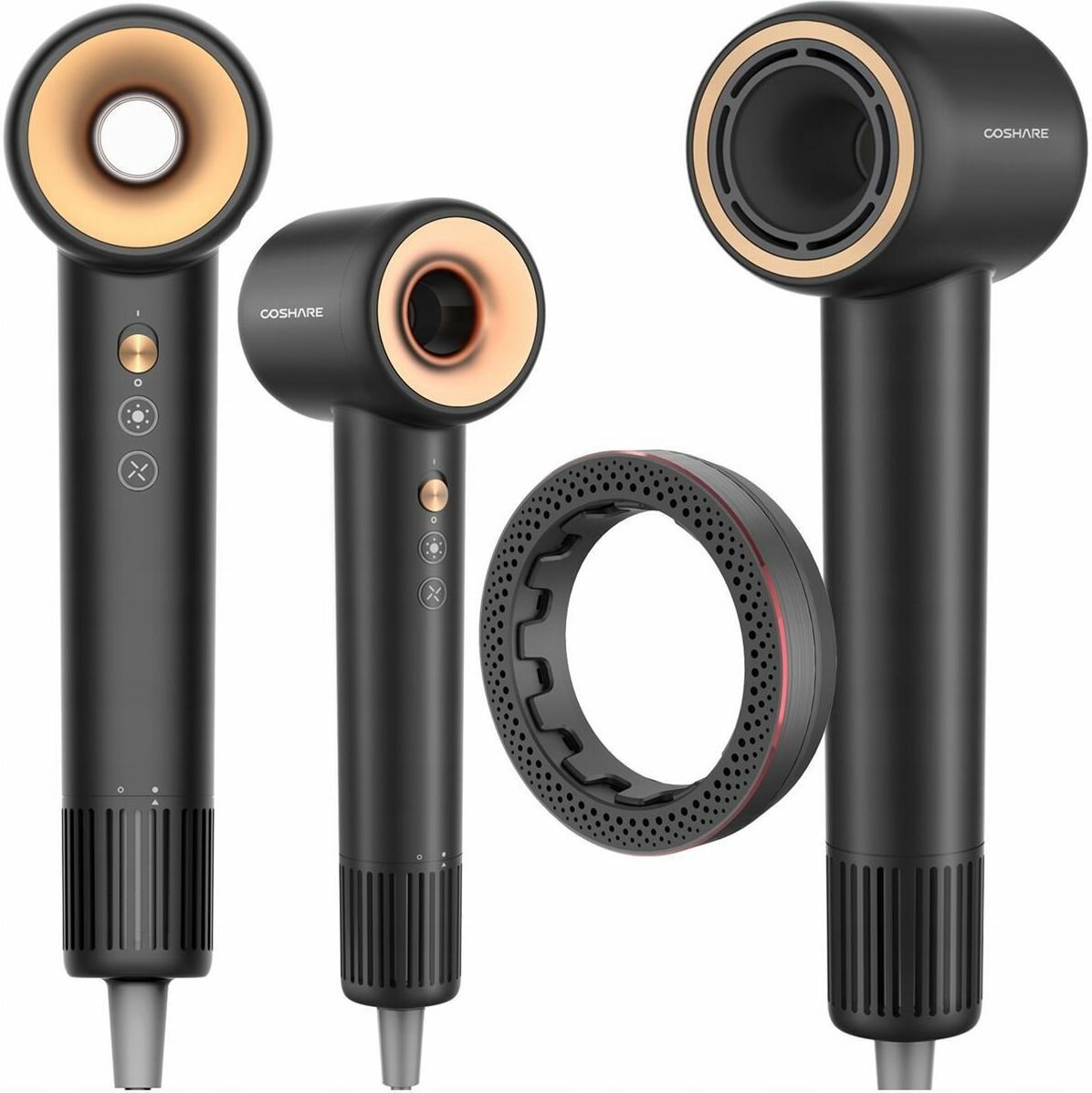 COSHARE Фен для волос SuperFlow1 1600 Вт, скоростей 3, кол-во насадок 3, черный
