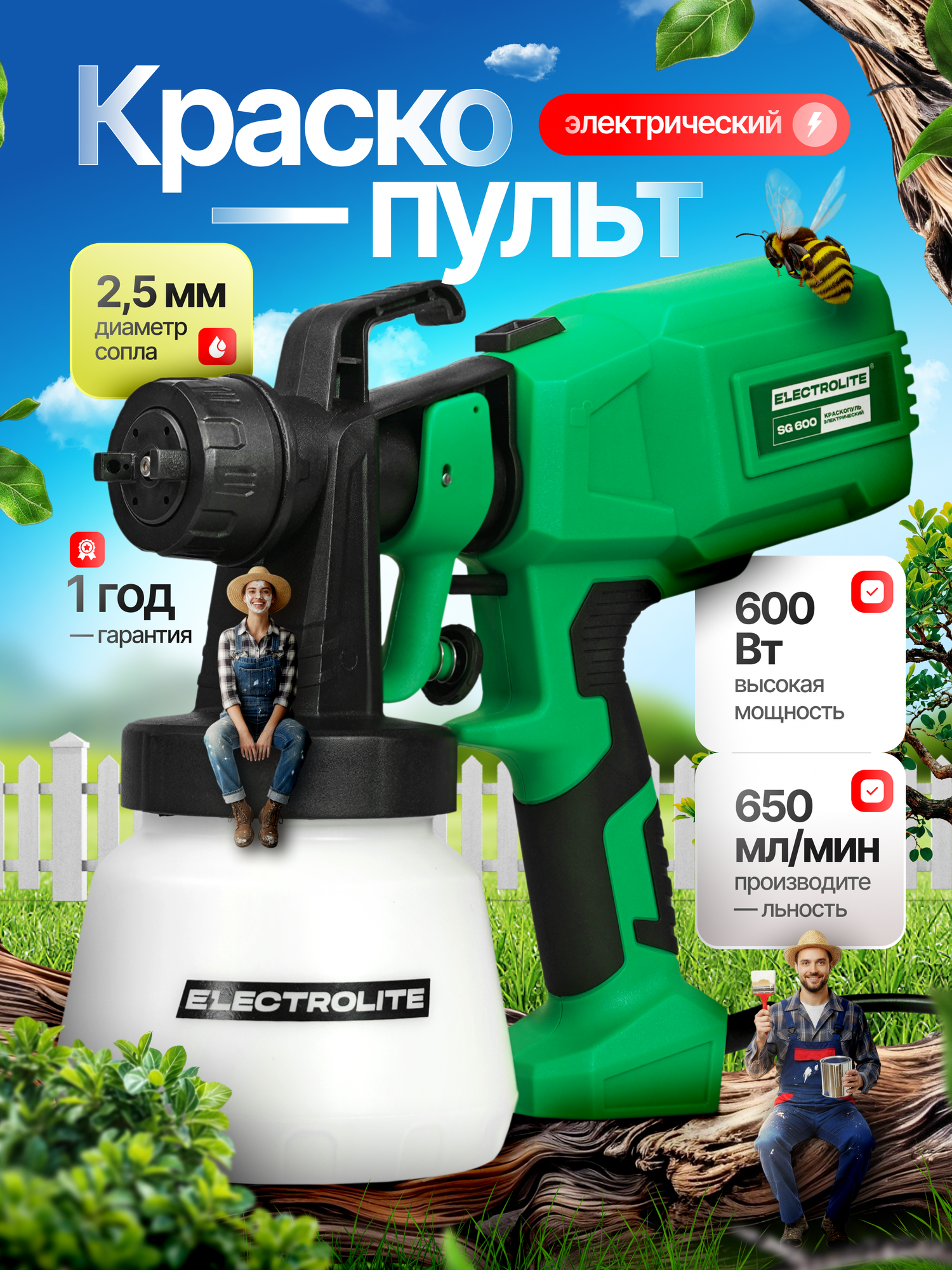 Электрический краскопульт Electrolite SG 600 ( 600Вт 650 мл/мин 80 Din  08л 25 мм диаметр сопла )