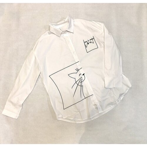 фото Белая женская рубашка oversize с принтом, без размера, хлопок - 65%, полиэстер - 35%, котик китай