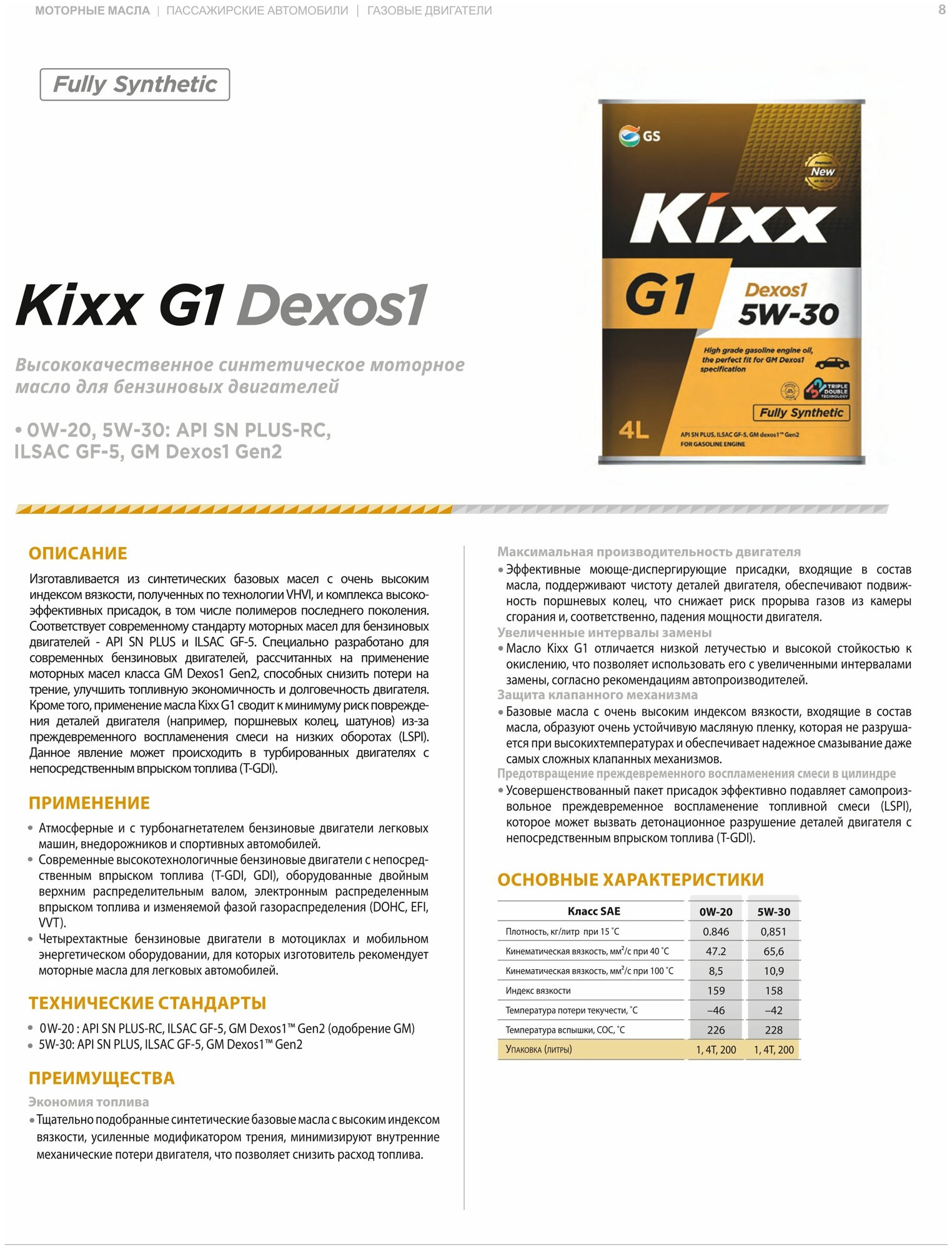 Синтетическое моторное масло Kixx G1 Dexos1 5W-30 SN Plus