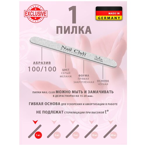 Nail Club professional Маникюрная пилка для опила ногтей серия Salon, форма узкая прямая, абразив 100/100, 1 шт.