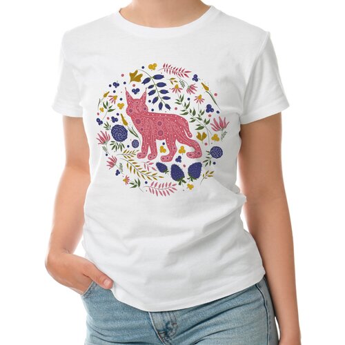 Женская футболка «Рысь травы цветы» (XL, черный)