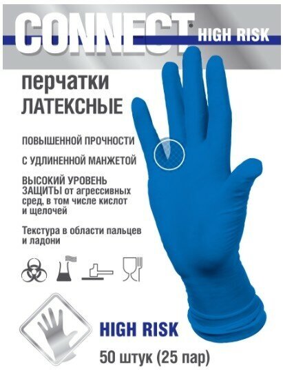 Перчатки латексные CONNECT HIGH RISK, цвет: синий, размер M, 50 штук (25 пар), 18 грамм латекса пара, неопудренные