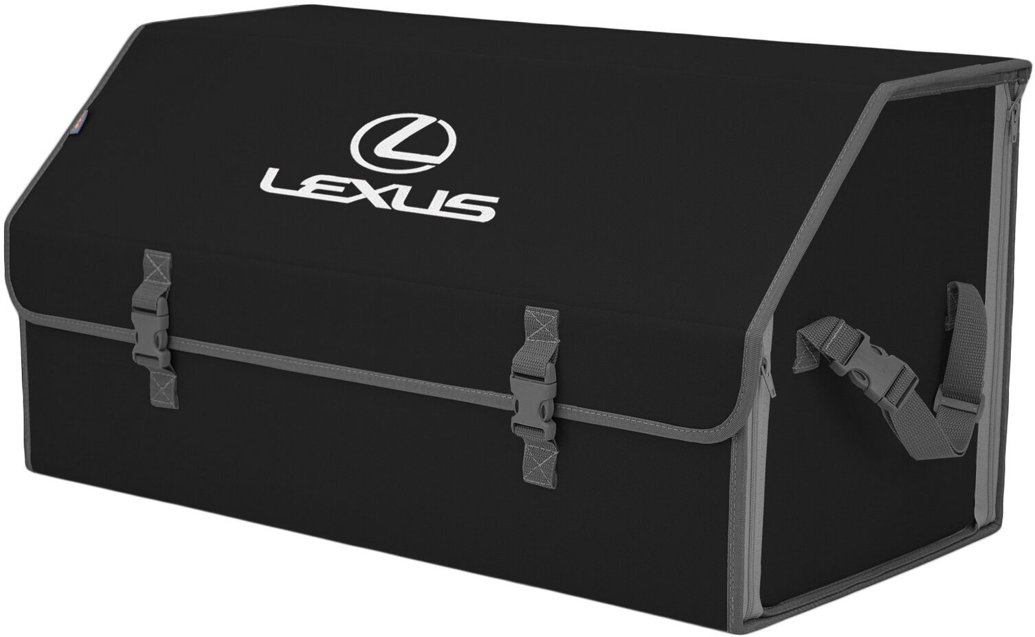 Органайзер-саквояж в багажник "Союз" (размер XL Plus). Цвет: черный с серой окантовкой и вышивкой Lexus (Лексус).