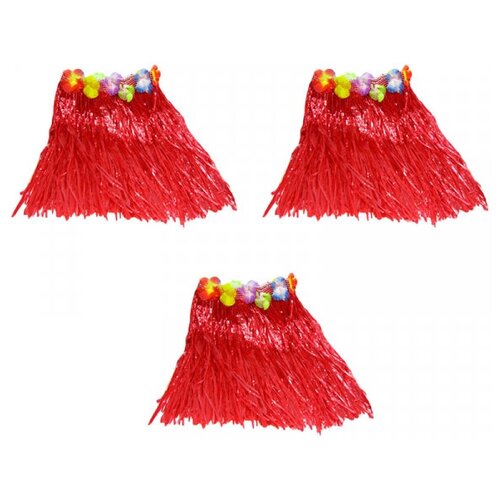 гавайская юбка разноцветная с цветочками 40 см набор 3 шт Юбка гавайская 40 см красная (Набор 3 шт.)