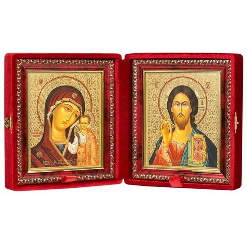 Складень венчальный, красный бархат. Венчальная пара икон - Пресвятая Богородица и Спаситель