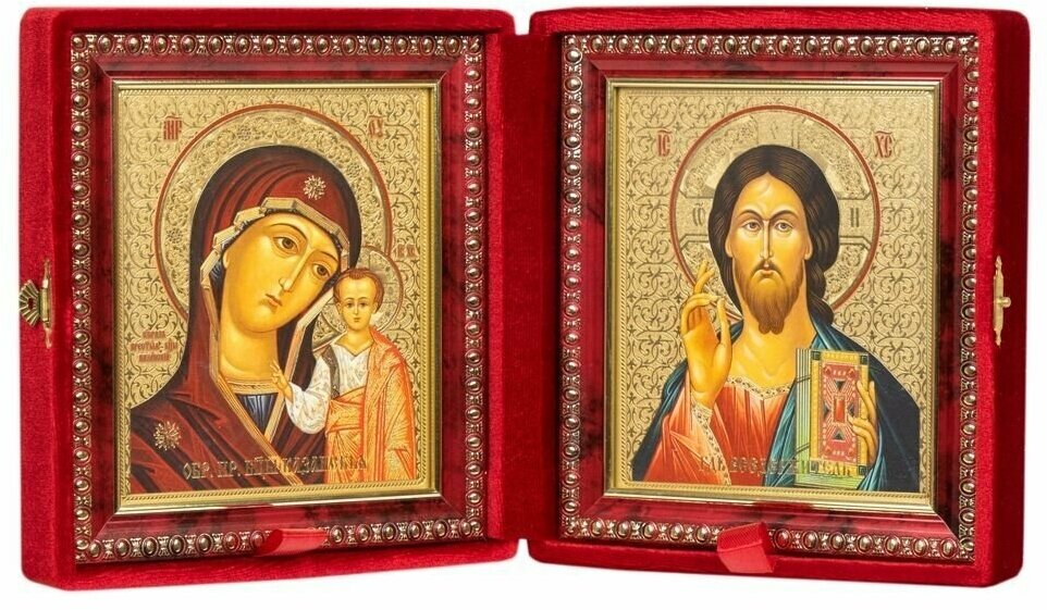 Складень венчальный, красный бархат. Венчальная пара икон - Пресвятая Богородица и Спаситель