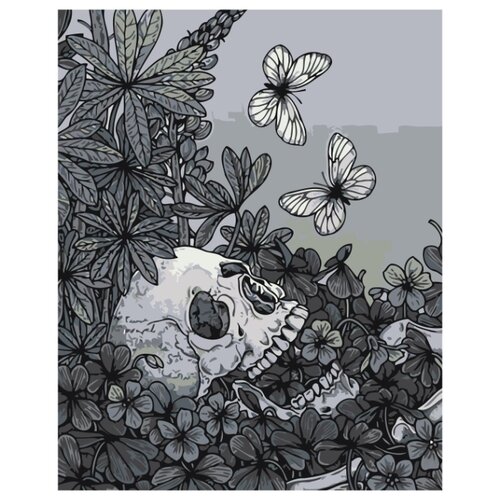 Череп с цвeтами и бабoчками Раскраска картина по номерам на холсте