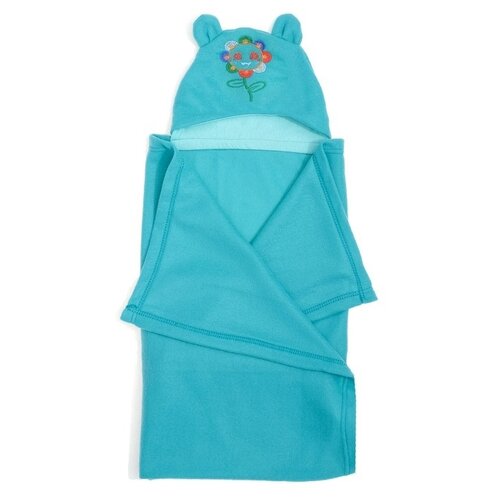 Покрывало с капюшоном и ушами, флис цв бирюза, вышивка Солнышко 70х100 см