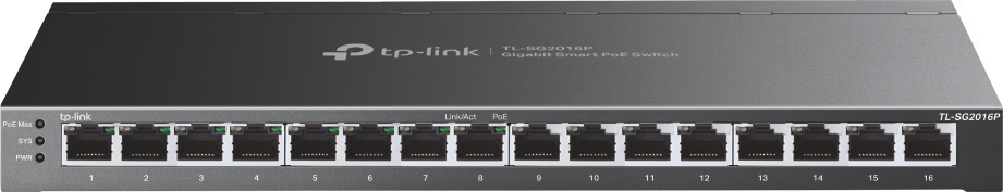 Коммутатор TP-LINK TL-SG2016P Smart Switch 8xGigabit PoE+, 802.3af/at, 120 W PoE Power, Desktop Steel Case, mada SDN Controller, Static Routing, 802.1