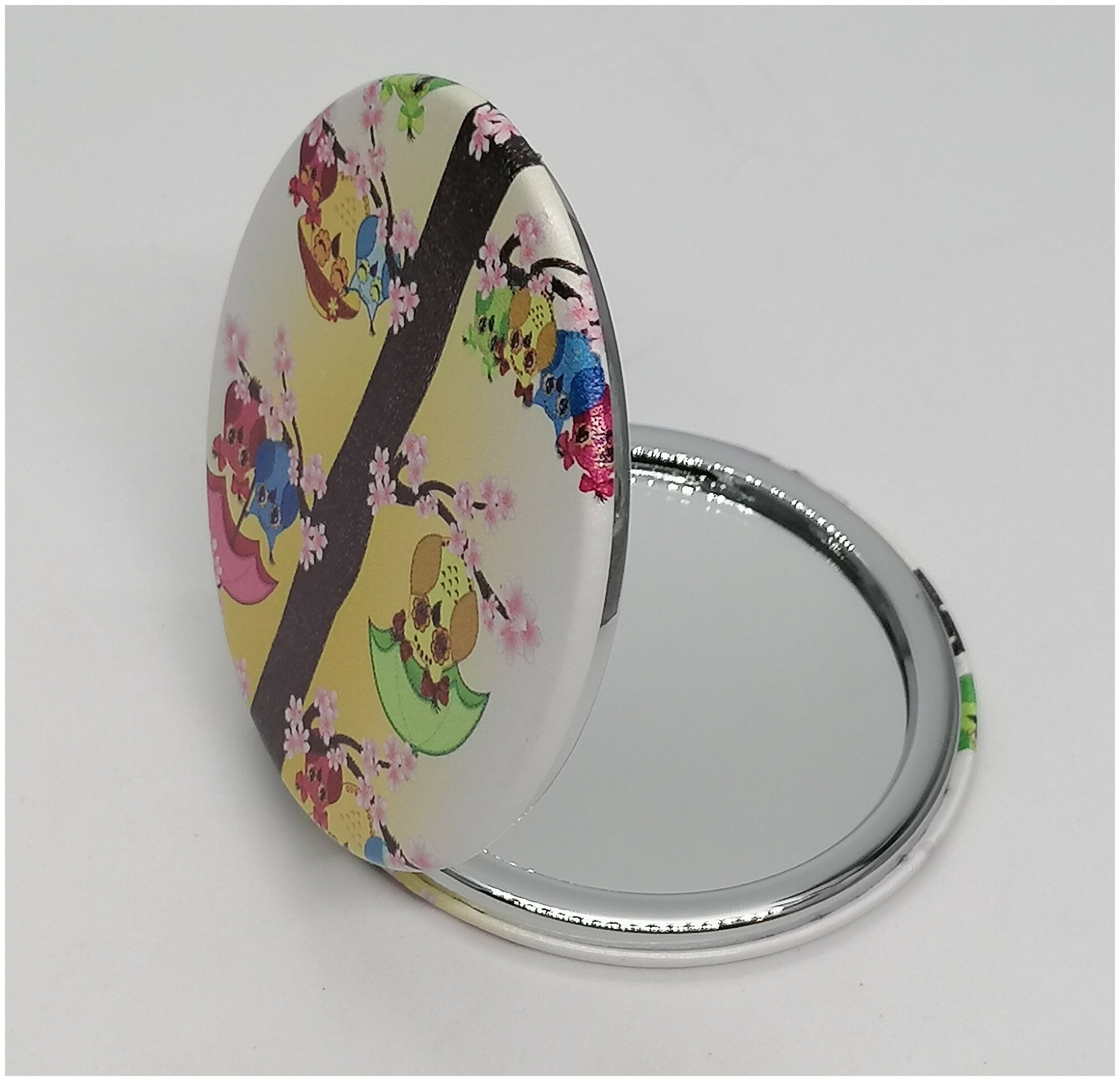 Зеркало кожаное, круглое "Совы под зонтиками" — фото 1