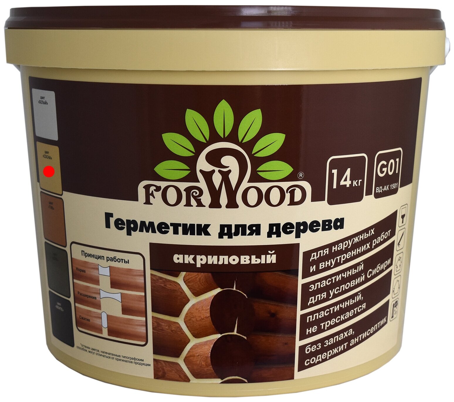 фото Герметик акриловый акрилатный Forwood Форвуд вд-ак 1501 цвет сосна 14 кг для наружных и внутренних работ без запаха