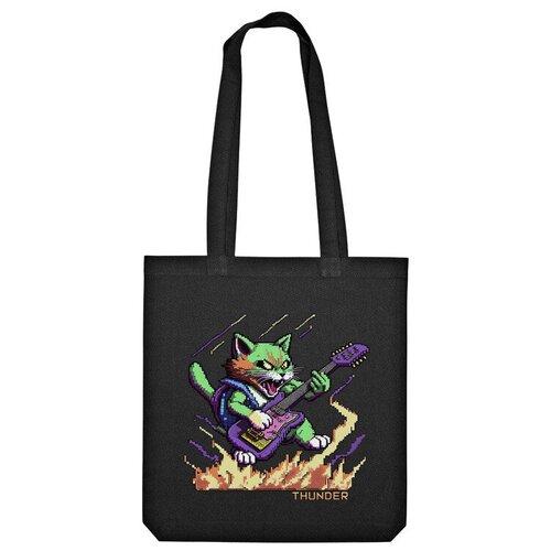 мужская футболка кот гитарист m зеленый Сумка шоппер Us Basic, черный