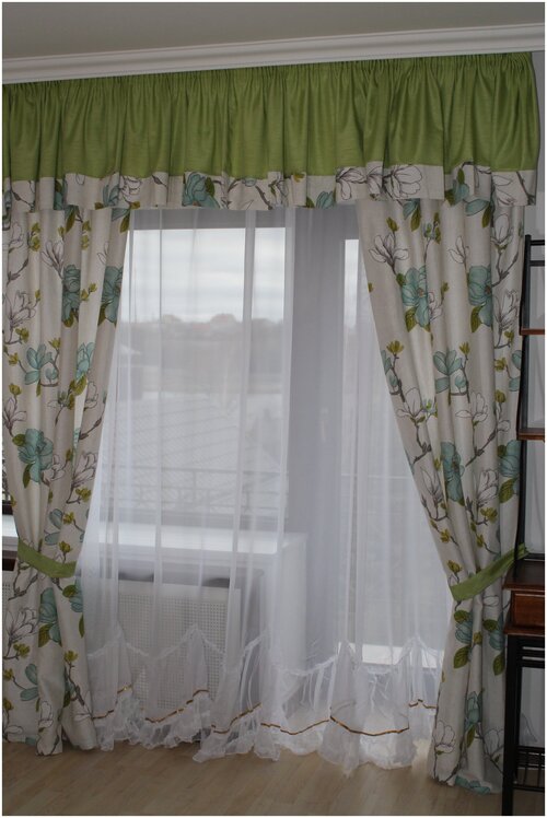 Комплект штор для комнаты Мини-арка (белый + зеленый), смесовый лен + портьерный шелк (букле), высота 250 см, по ленте регулируется до 2,5 м