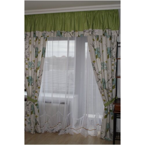 Комплект штор для комнаты Мини-арка (белый + зеленый), смесовый лен + портьерный шелк (букле), высота 250 см, по ленте регулируется до 2,5 м