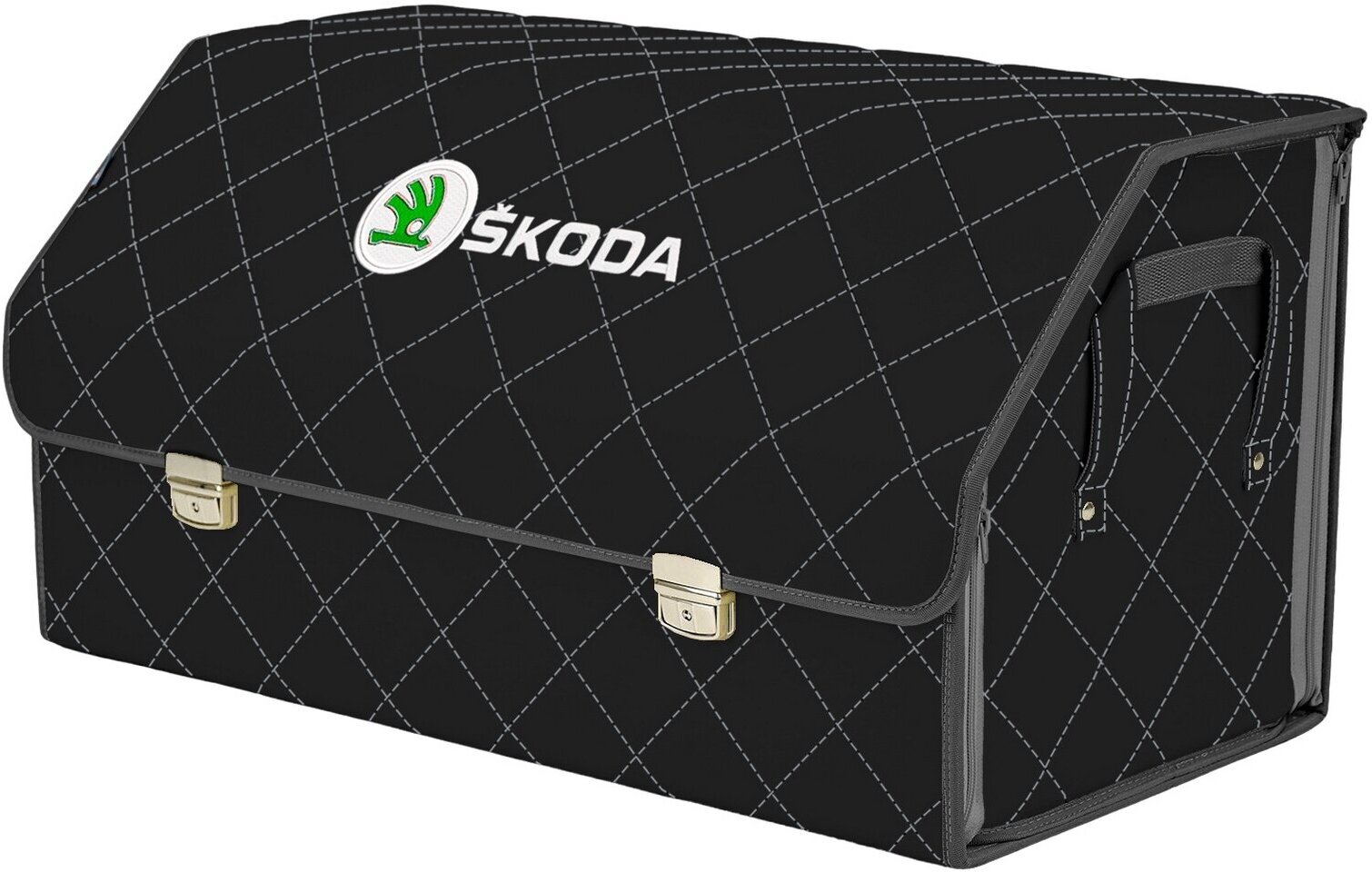 Органайзер-саквояж в багажник "Союз Премиум" (размер XL Plus). Цвет: черный с серой прострочкой Ромб и вышивкой Skoda (Шкода).