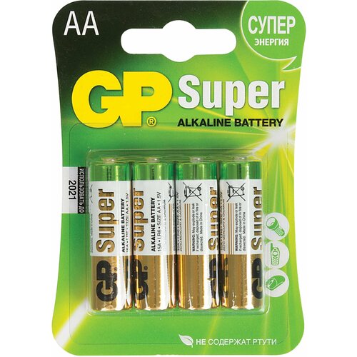 Батарейки комплект 4 шт, GP Super, AA (LR6, 15А), алкалиновые, пальчиковые, блистер