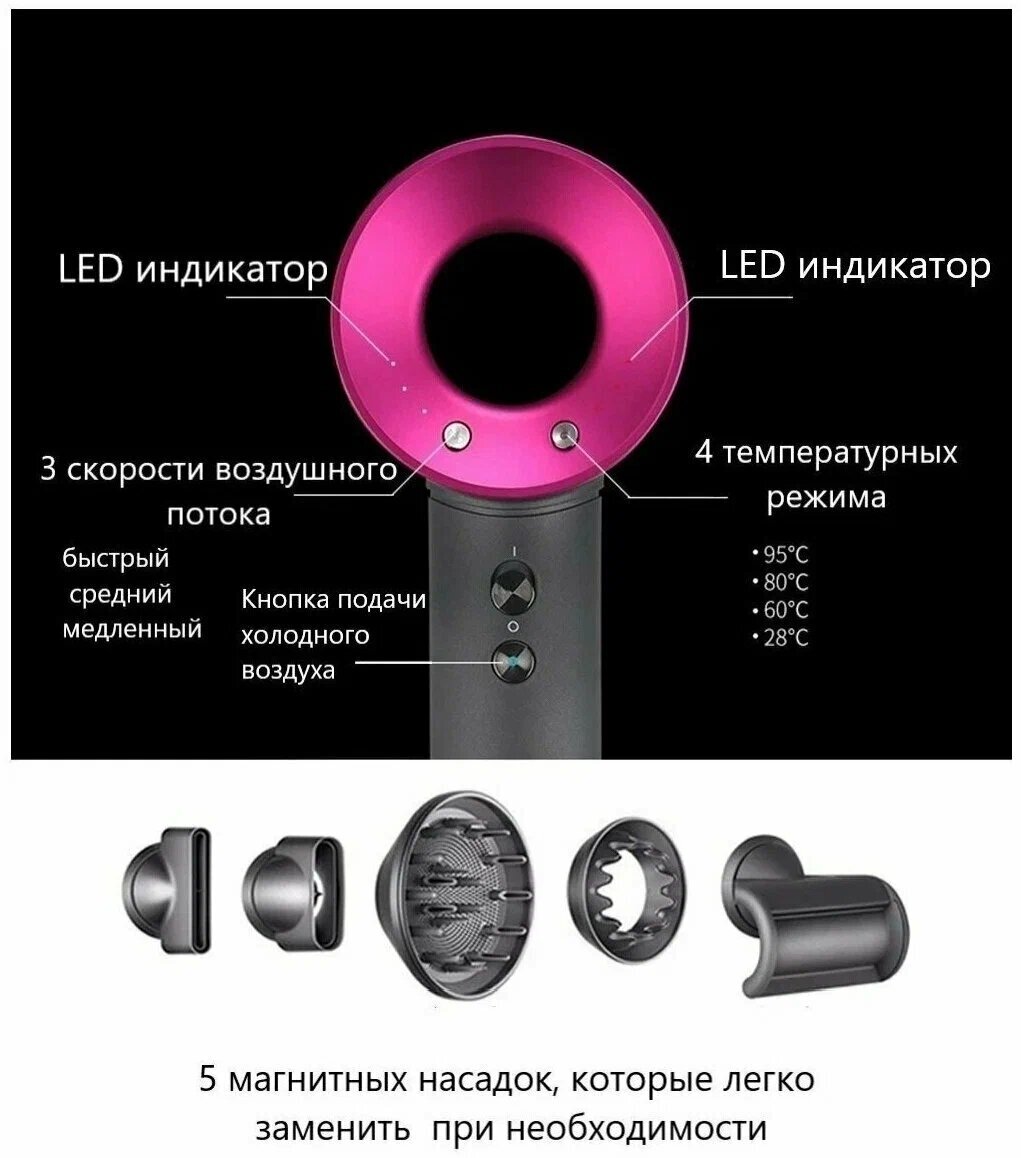 Профессиональный фен для волос iHair-1600 Super Hair Dryer 1600 Вт, 3 режима, 5 магнитных насадок, ионизация воздуха Гарантия качества - фотография № 3