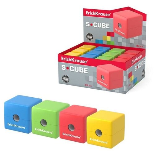 ErichKrause Точилка 1 отверстие с контейнером ErichKrause S-Cube с контейнером, микс 4 вида точилка с контейнером