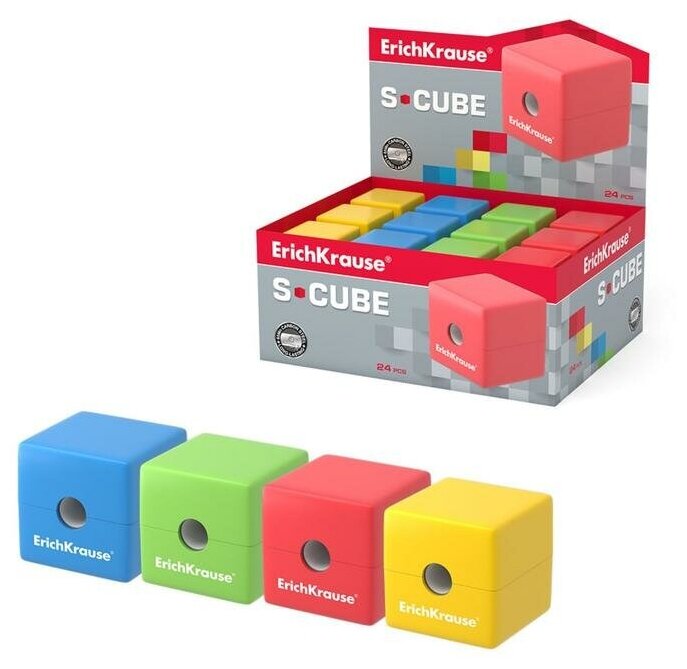 Точилка 1 отверстие с контейнером ErichKrause S-Cube с контейнером, микс 4В 50141