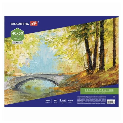 Холст на картоне BRAUBERG ART CLASSIC 40*50см грунтованный 100% хлопок мелкое зерно, 3 шт