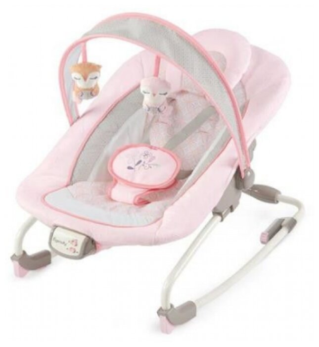 audrey cradling bouncer in pink