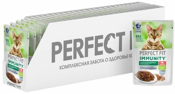 Perfect Fit Immunity влажный корм для иммунитета кошек, говядина в желе и семена льна (28 шт в уп), 75 гр.