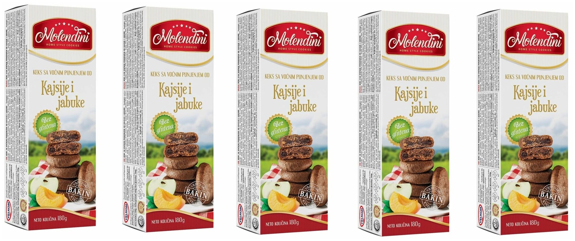 Печенье Molendini с начинкой из абрикосов и яблок без глютена, 5 шт по 180 г