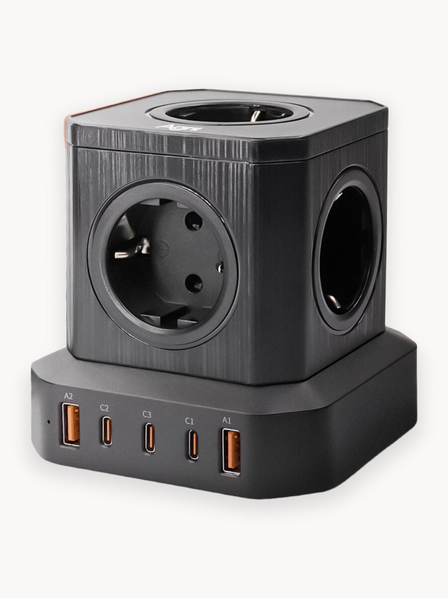 Сетевой фильтр с технологией GAN, AGNI, 5 розетки + 2 USB / 3 TYPE-C быстрая зарядка 65 W, кабель 2м