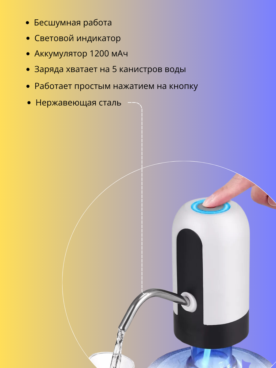Помпа для воды электрическая для бутыли 19л с аккумулятором и зарядкой USB черно-белого цвета — фото 1