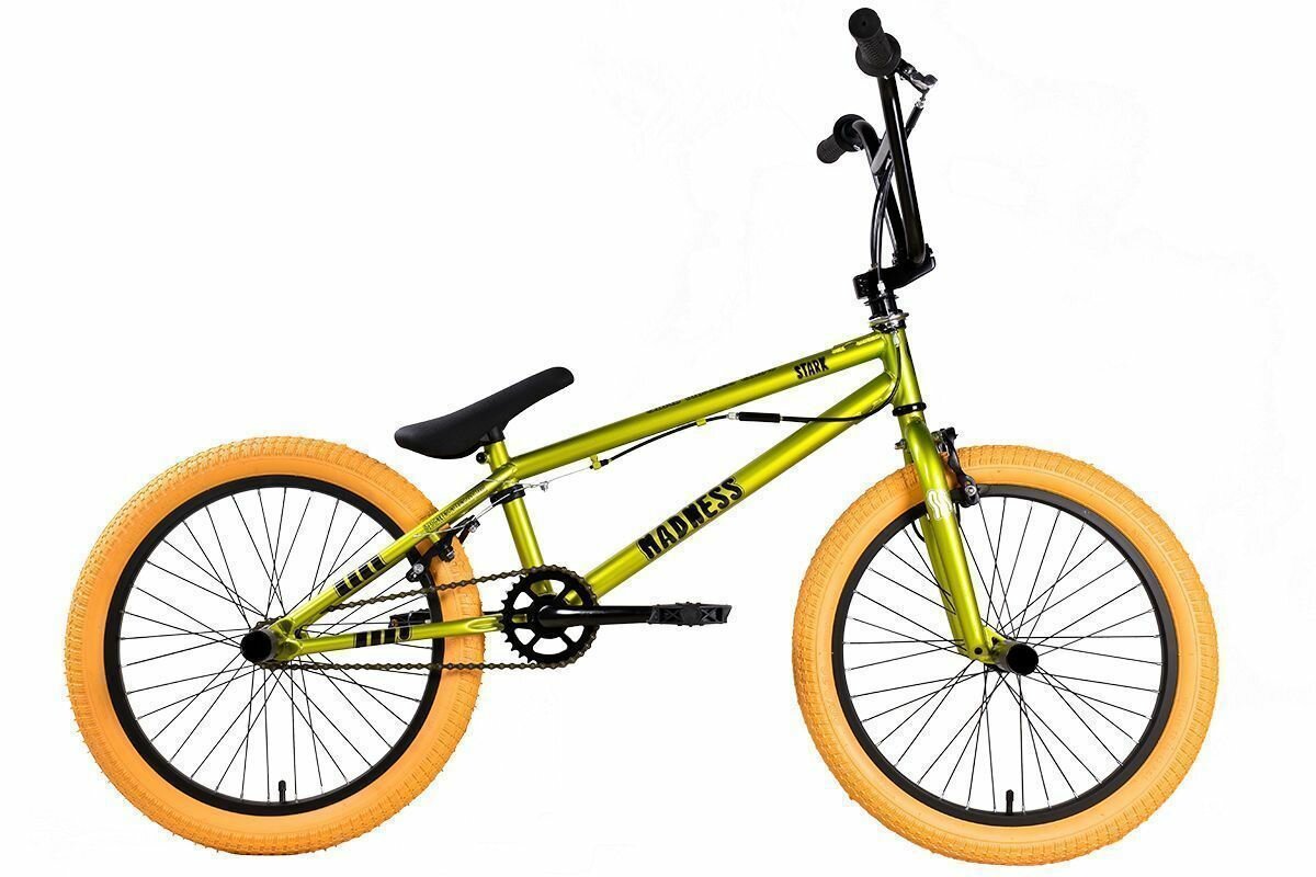 Велосипед Stark Madness BMX 2.2 (2022) / размер: 20.5" / цвет: ярко-зеленый/черный/песочный / скоростей: 1 / рама: Сталь (Hi-Ten)