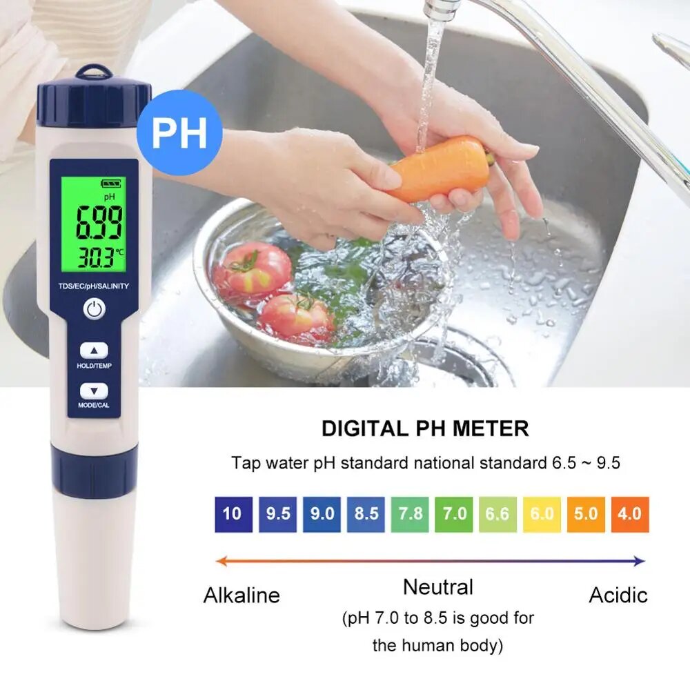 Изображение Yieryi EZ-9909 Многофункциональный тестер качества воды 5 в 1, PH EC TDS Salt Temp