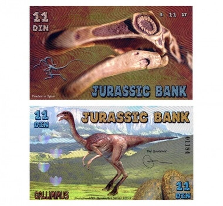 11 din 2015 Jurassic Bank, Gallimimus, сувенирная копия, банкноты и купюры редкие коллекционные