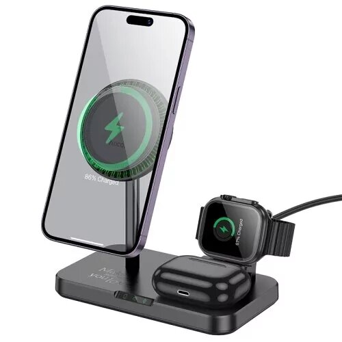 Беспроводная зарядка Hoco CQ12 Joyfull 3-in-1 wireless fast charger - Black