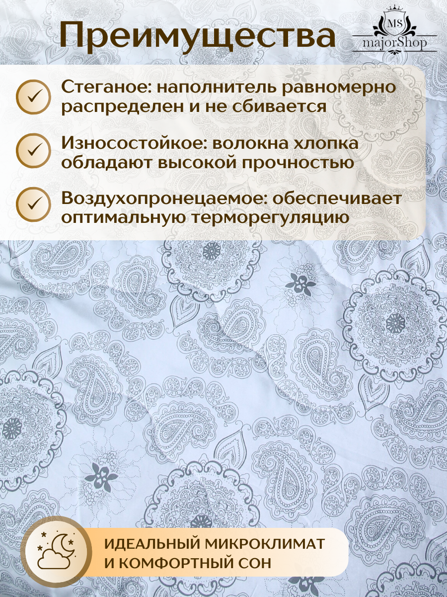 Одеяло 1.5 спальное облегченное "Хлопок", 145х205 см, гипоаллергенное, летнее, 150г/м2 — фото 1