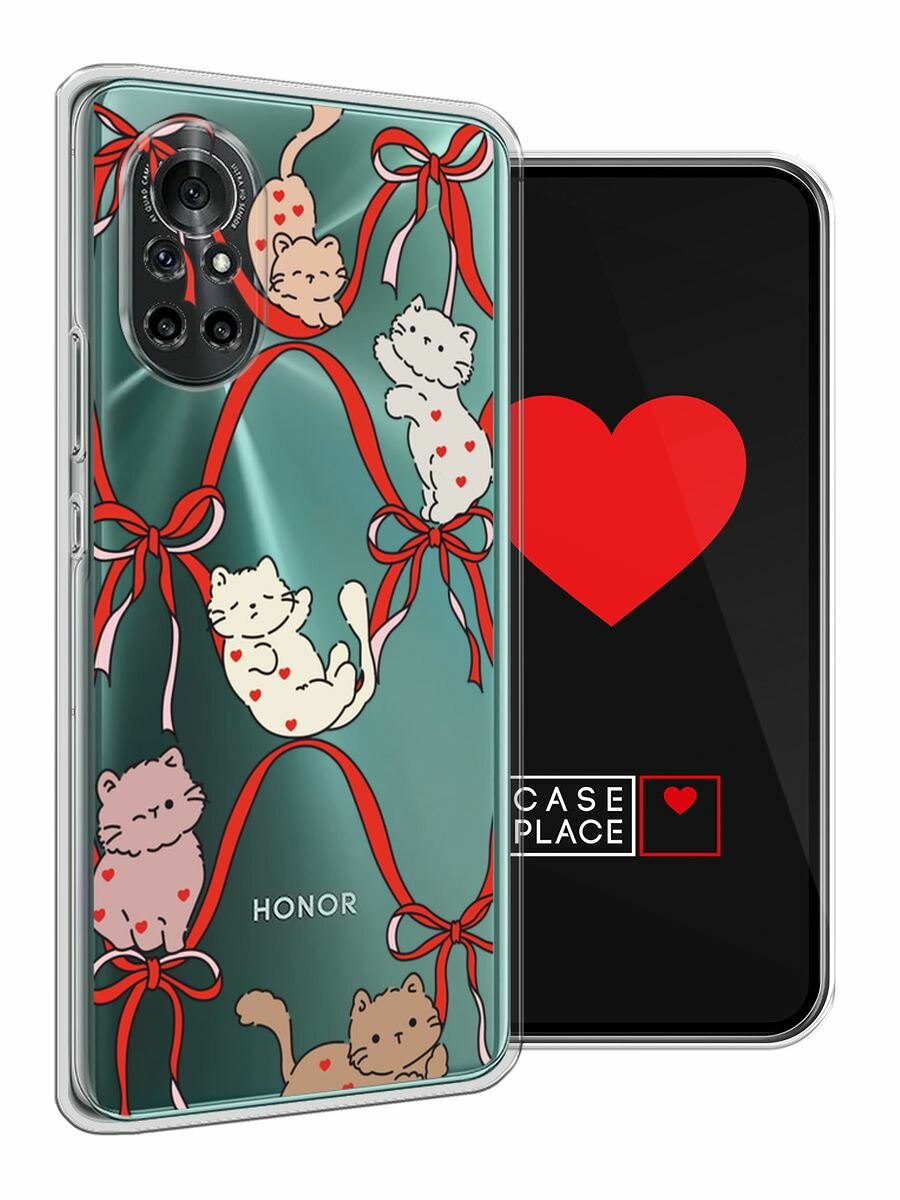 Чехол на Honor V40 Lite/Huawei Nova 8 / Хонор В40 Лайт/Хуавей Нова 8 с принтом "Котики в ленточках 2", прозрачный — фото 1