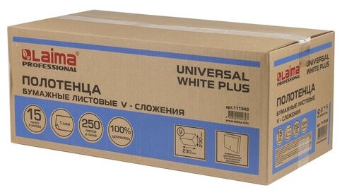 Полотенца бум. 250шт, LAIMA (H3) UNIVERSAL WHITE PLUS, 1-сл, белые, комплект 15пач,23х23, V-сл,111343