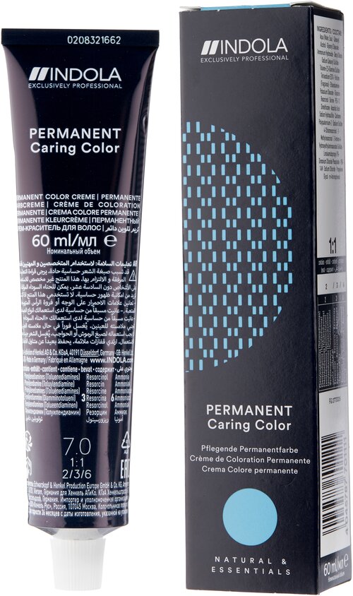 Indola Permanent Caring Color Стойкая крем-краска для волос Natural & Essentials, 7.0, Средний русый натуральный, 60 мл