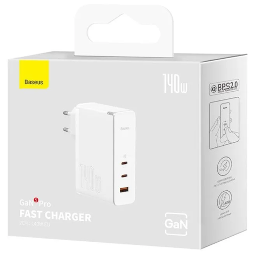 Зарядное устройство BASEUS GaN5 Pro Fast Charger 2C+U, 140W, BPS2.0 + Кабель Type-C-Type-C, PD3.1, 1м, Белый зарядное устройство baseus gan5 pro fast charger 2c u 140w bps2 0 кабель type c type c pd3 1 1м белый