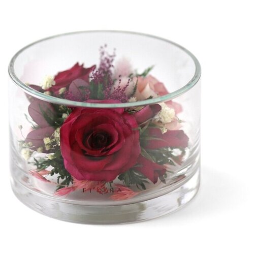 Ваза с наполнением из живых цветов, сохраненных на 5 лет, Fiora, в вазе средний плоский цилиндр