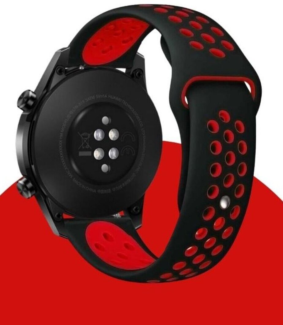 фото Ремешок для смарт-часов, фитнес-браслета универсальный 20 мм Nike силиконовый найк перфорация браслет Xiaomi Samsung Huawei Honor, черный красный