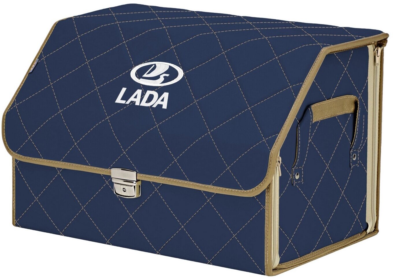 Органайзер-саквояж в багажник "Союз Премиум" (размер L). Цвет: синий с бежевой прострочкой Ромб и вышивкой LADA (лада).