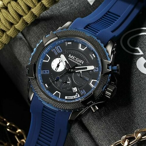 Наручные часы Megir Кварцевые мужские спортивные часы Megir водонепроницаемые с хронографом, синий, черный