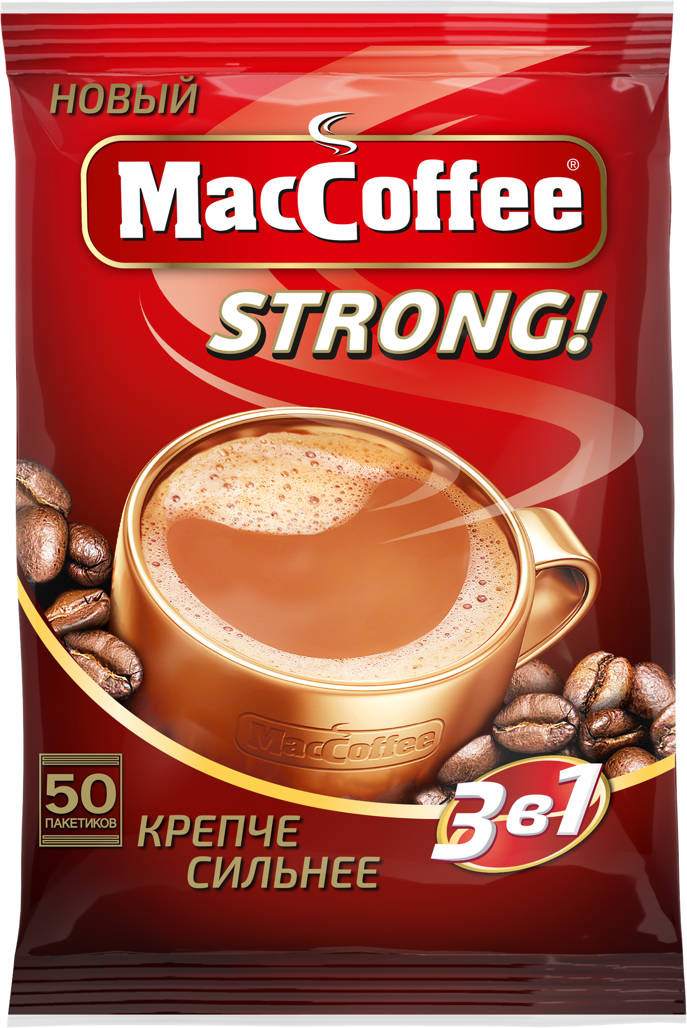 Растворимый кофе MacCoffee Strong 3 в 1, в пакетиках, 50 уп., 800 г